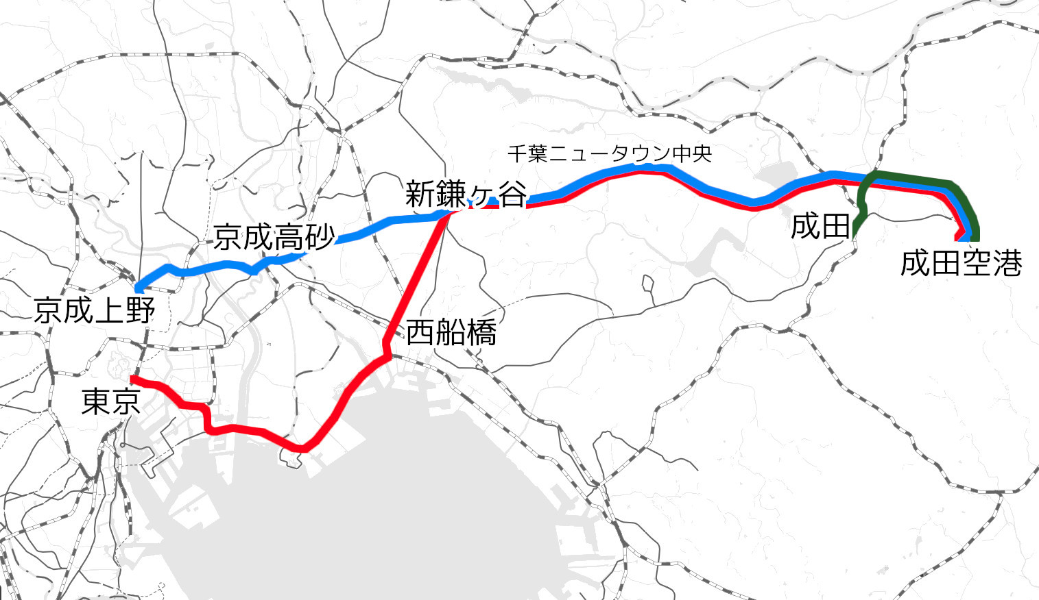 京葉線や北総線を経由するA案（赤）、京成線と北総線を経由するB案（水色）、成田駅から接続するC案（緑）の3案が比較・検討されました（国土地理院「地理院地図Vector」の淡色地図に加筆）