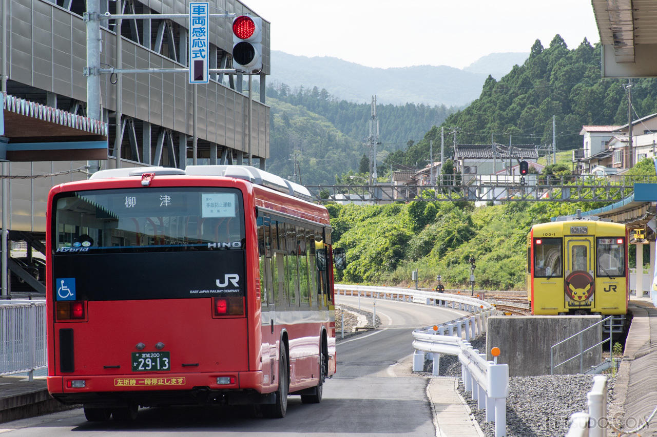 BRT車両と鉄道車両が並ぶ光景も見られます