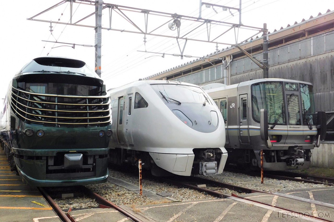 JR西日本網干総合車両所の一般公開イベント「ふれあいフェア」での車両展示の様子。2019年のイベントでは、「TWILIGHT EXPRESS瑞風」のほか、「らくラクはりま」等に使われる289系などが並びました。（2019年11月3日）