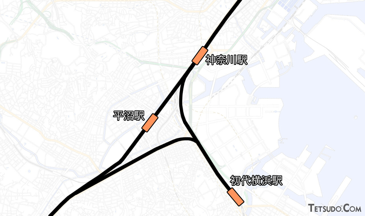 神奈川～程ケ谷間に短絡線が敷設（国土地理院「地理院地図Vector」の淡色地図に加筆）