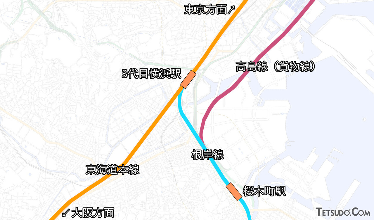 2021年現在のJR線の位置関係（国土地理院「地理院地図Vector」の淡色地図に加筆）