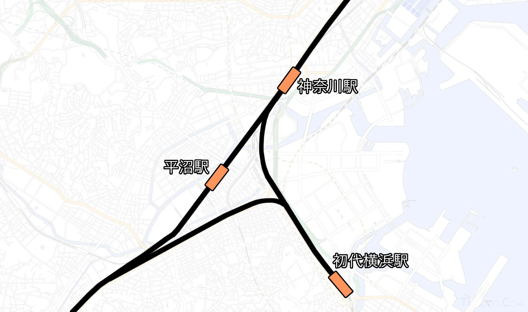 神奈川～程ケ谷間に短絡線が敷設（国土地理院「地理院地図Vector」の淡色地図に加筆）
