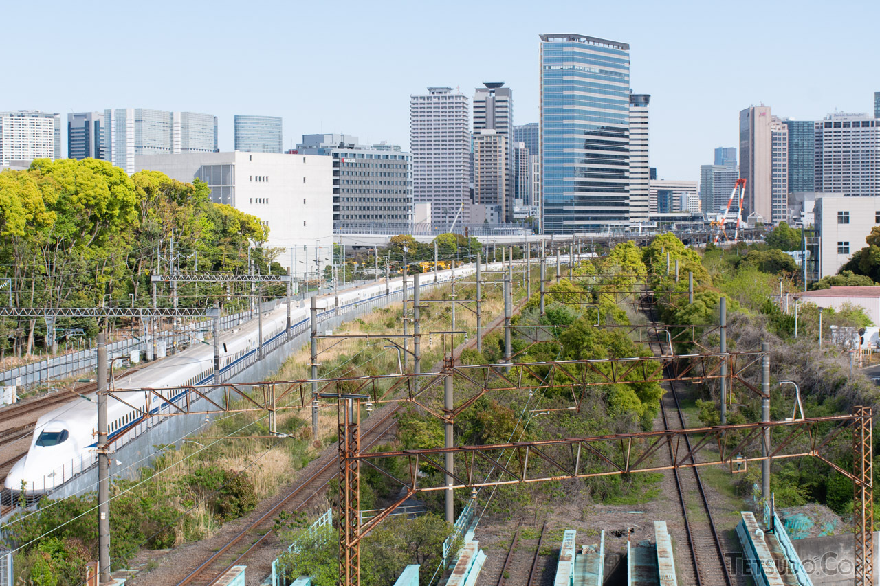 東京貨物ターミナル駅の北側。大汐線は草に埋もれています。左は新幹線の回送線