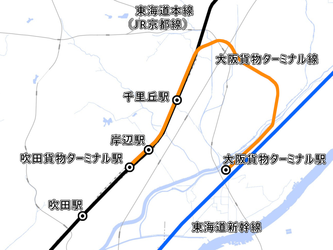 大阪貨物ターミナル線（国土地理院「地理院地図Vector」の淡色地図に加筆）