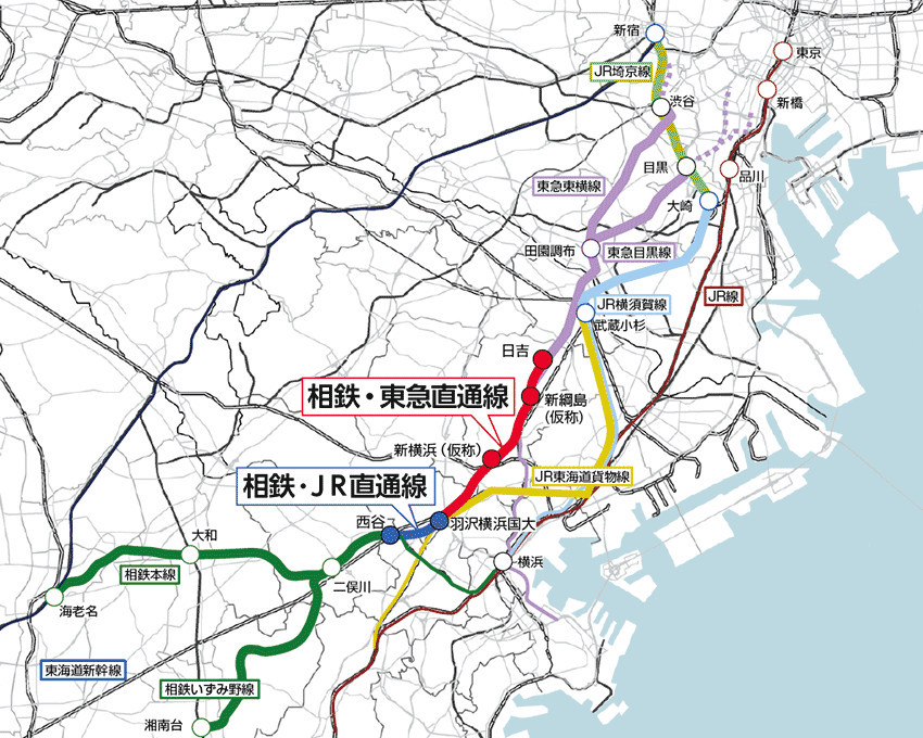 相鉄・東急直通線と相鉄・JR直通線の路線図（画像：鉄道・運輸機構）