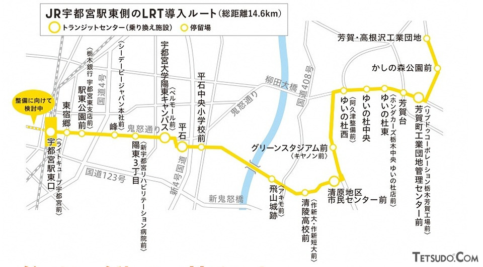 芳賀・宇都宮LRTの路線図（画像：宇都宮市建設部LRT整備課協働広報室）