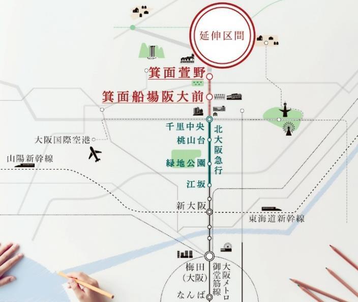 延伸区間を含む北大阪急行南北線の路線図（画像：北大阪急行）