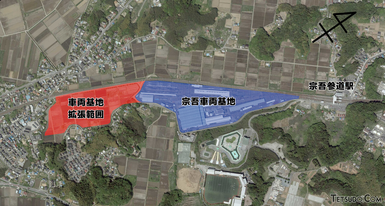 宗吾車両基地拡張範囲のイメージ（2016年撮影の国土地理院の空中写真に加筆）