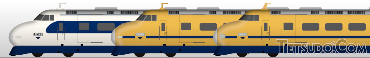 東海道新幹線開業前に投入された試験車両の1000形B編成（左）と、それを改造した電気試験車の922形（後のT1編成、中および右）。T1編成は、1965年頃に改造工事を受け、前照灯や運転席の窓が0系タイプに変わっています