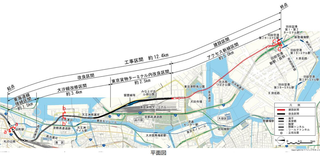 羽田空港アクセス線の「東山手ルート」。東京貨物ターミナル駅以北は休止中の貨物線「大汐線」を改修し、東京貨物ターミナル駅以南は新設するトンネルを通る計画です（画像：JR東日本）