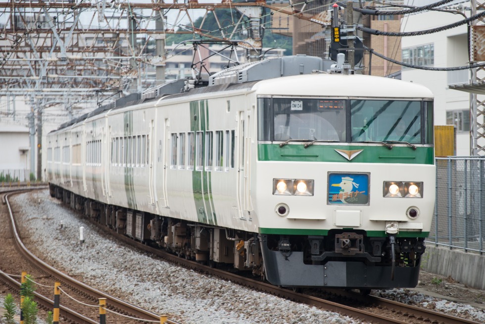 「踊り子」などに使用される185系。従来の国鉄特急車とは異なる明るいデザインを纏っています。なお、2012年には、157系をイメージしたリバイバル塗装として、国鉄特急車に類似した塗装となったこともあります。
