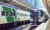 train, track, platform, transport, railroad, station, land vehicle, rail, vehicle, text, green, public transport, rolling stock