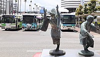 road, outdoor, street, bus, vehicle, land vehicle, statue, city